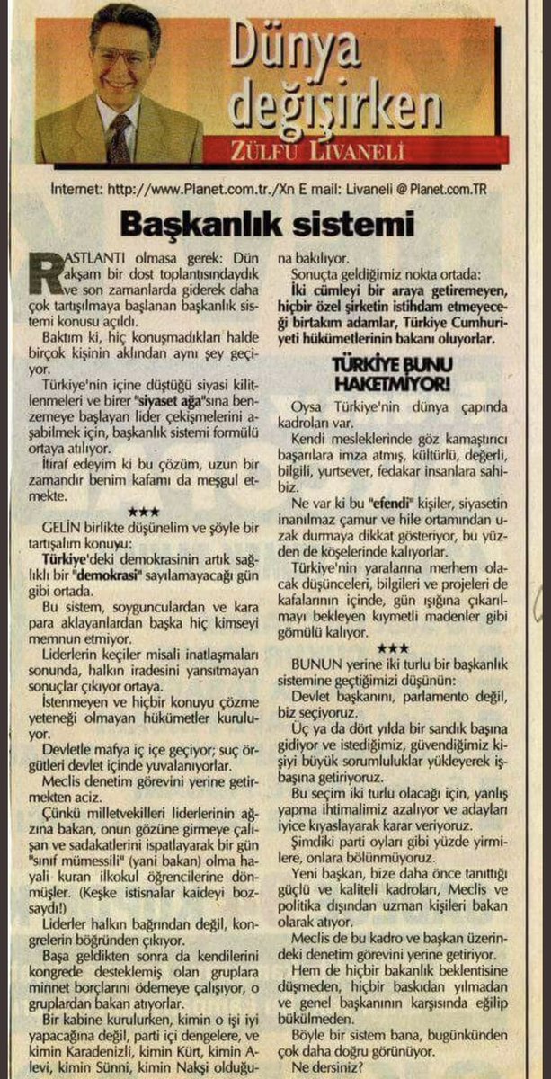 Günaydın... Zülfü Livaneli yıllar önce "Başkanlık şart" demiş!

Çok da güzel yazmış. Parlamenter Sisteme dönüş tartışmaları konuşulurken okumakta fayda var:)