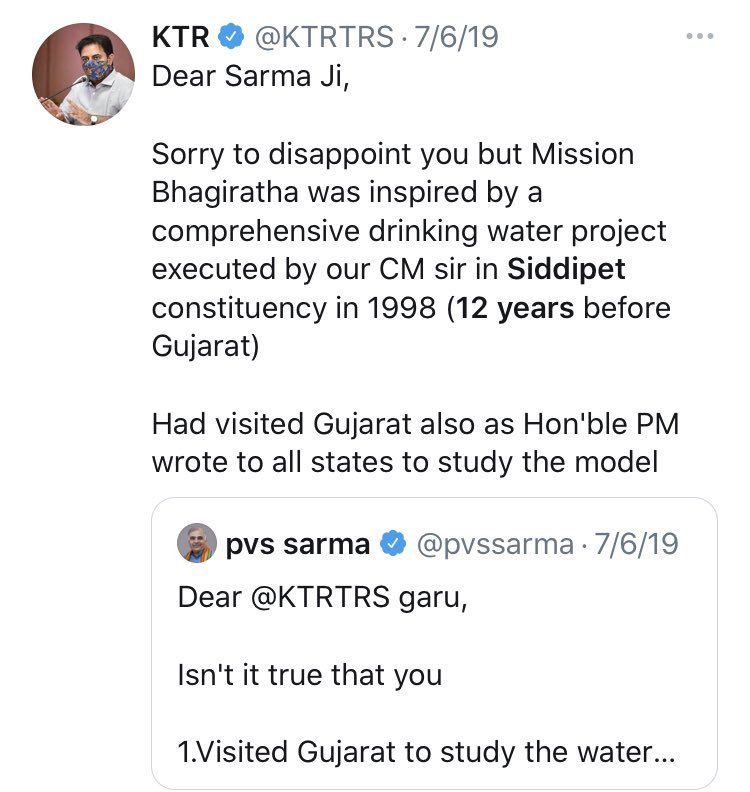  #MissionBhagirathais inspired by Comprehensive drinking water project successfully executed by CM  #KCR garu in Siddipet in 1998After the formation of TS,  #MissionBhagiratha was initiated in Dec’14 by CM  #KCR garu to supply potable water to every household in TS.(1/5) @KTRTRS