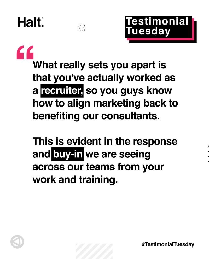 HaltAgency's tweet photo. 🗣 Testimonial Tuesday 🗣

What really sets you apart is that you've actually worked as a recruiter, so you guys know how to align marketing back to benefiting our consultants.

This is evident in the response and buy-in we are seeing across our teams from your work and training. https://t.co/GgKbQf5LmW