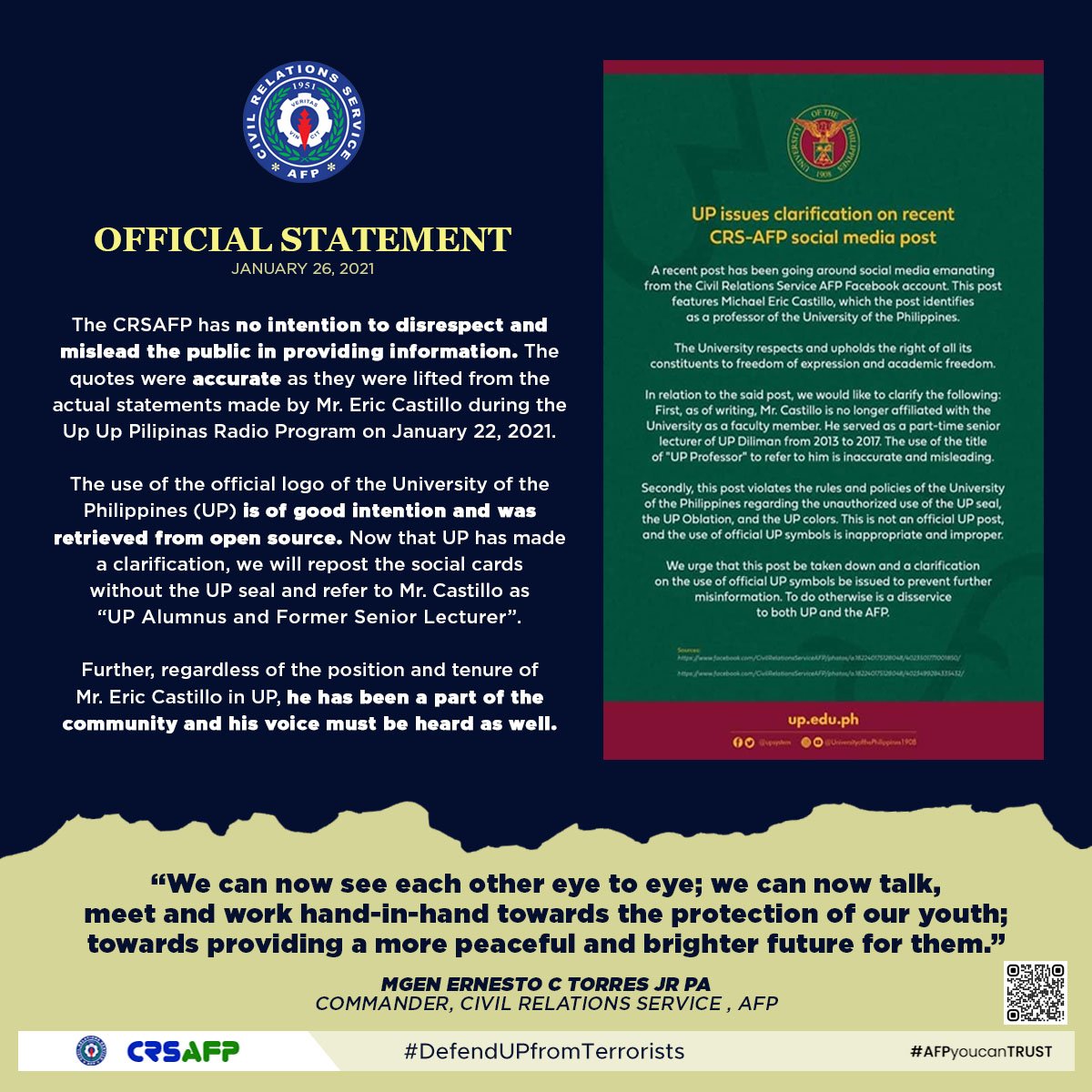 AFPCRS's tweet photo. Official statement of @AFPCRS on the actual statements made by Mr. Eric Castillo, UP Alumnus and Former Senior Lecturer.
#DefendUPfromTerrorists
#ProtectOurYouth
#AFPyoucanTRUST
https://t.co/WTPBCc0Lwk https://t.co/SEaClL0DI2