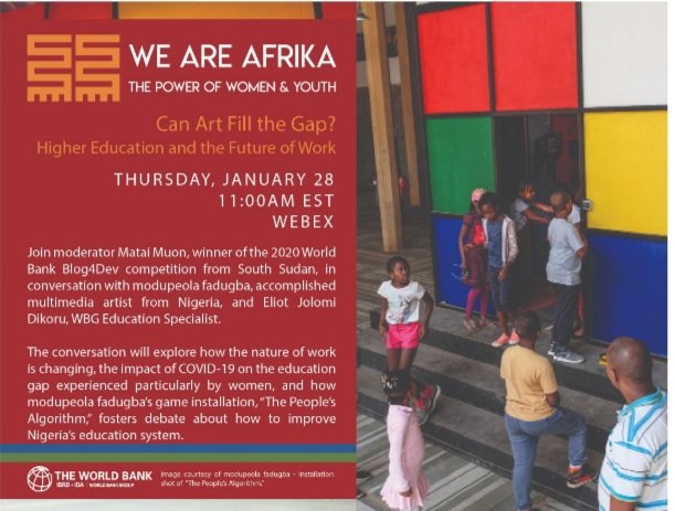 MuonJnr's tweet photo. Excited to moderate this fascinating program by the @WorldBank #Art4Dev. Honored to represent the @YTAfrica1 and I look forward to meeting the brilliant panelists. Register here: https://t.co/X25qD18AeY https://t.co/S7NEzrnXs0