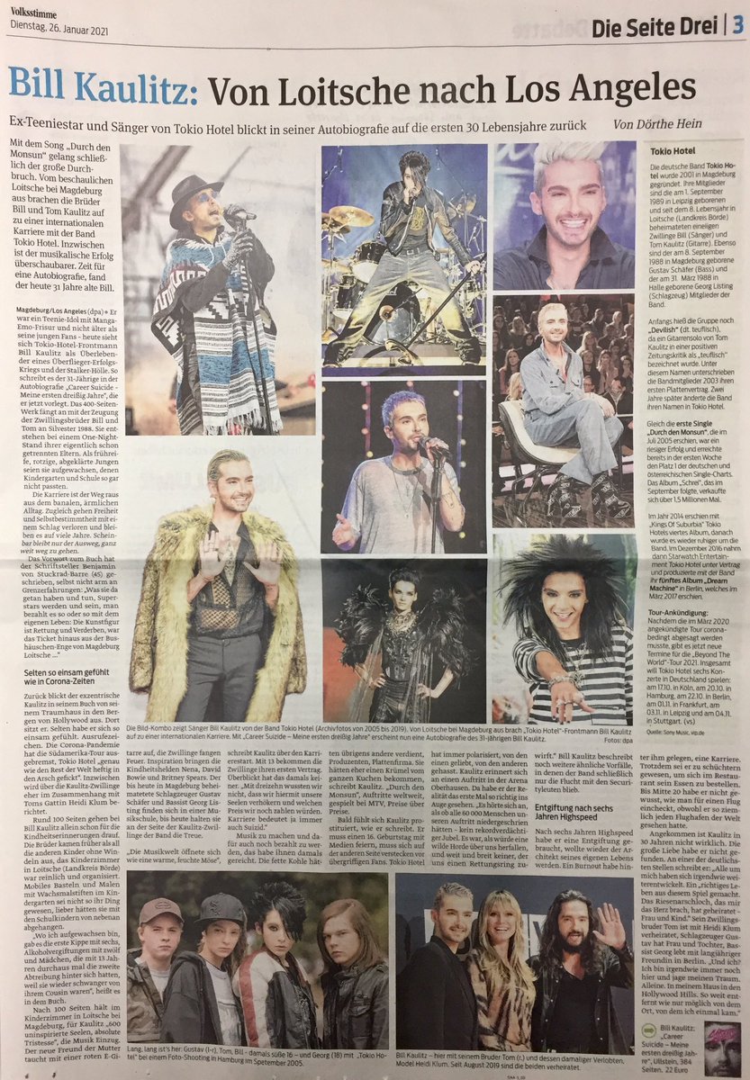 Front page snippet and an entire page inside the local #Volksstimme newspaper today. @TokioHotel #CareerSuicide #BillKaulitz #autobiography