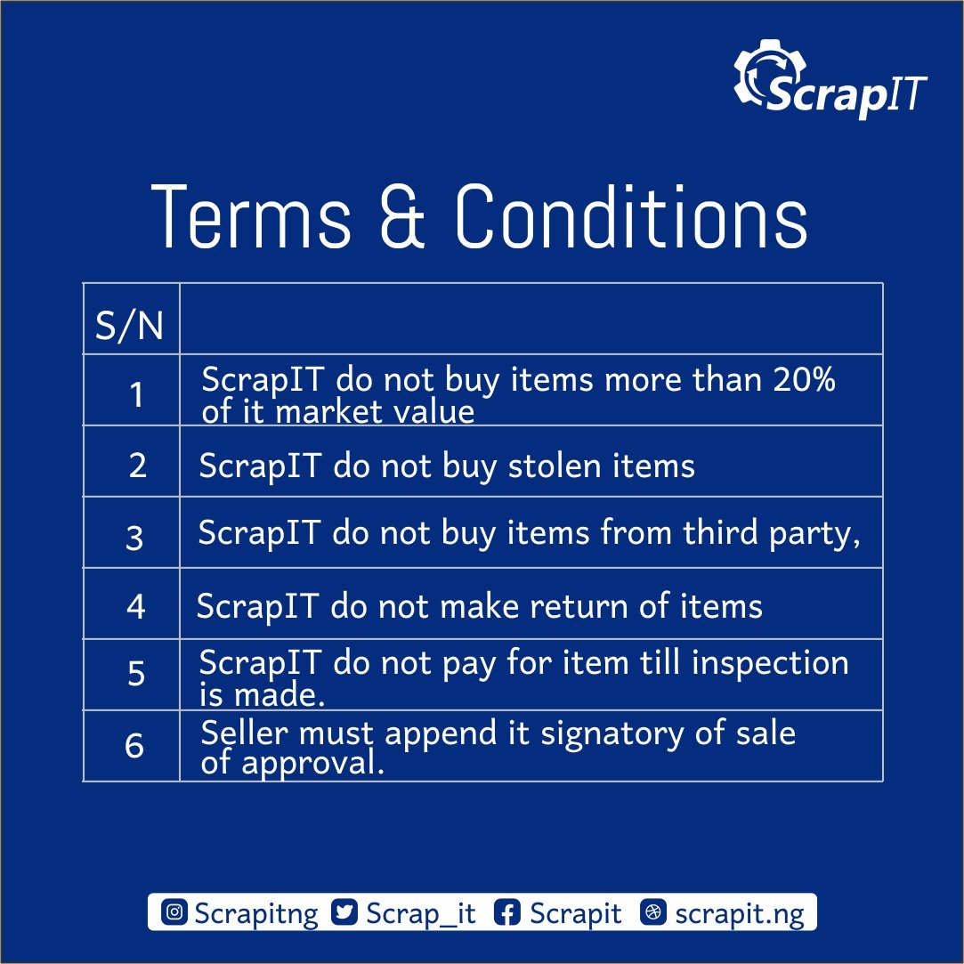Scrapit5's tweet photo. Get to know our flexible sales conditions just to make life easy for our customers

To learn more about scrapit
Visit: https://t.co/OTpo0HsnJv

#entrepreneur #jobs #EndSARS #tuesdayvibe https://t.co/DGJ2yS38uG