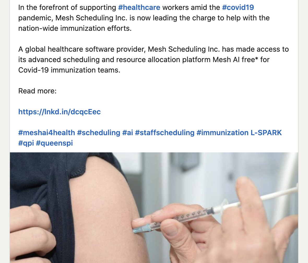 🔥 Back in March, we made access to Mesh AI free for new healthcare users in #Covid19 surge/case management. #Immunization is now key to stop losses of lives and livelihoods. Once again: new users needing staff scheduling use #MeshAI4Health for free. 🔥 
welcome.meshai.io/news/free-for-…