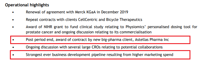Things here are going well: new clients, business development is strong.6.5x to me at least, already seems an attractive enough multiple for a decent little company on the up, reflecting some mix of software and consulting, the fact they work in oncology and a degree of growth