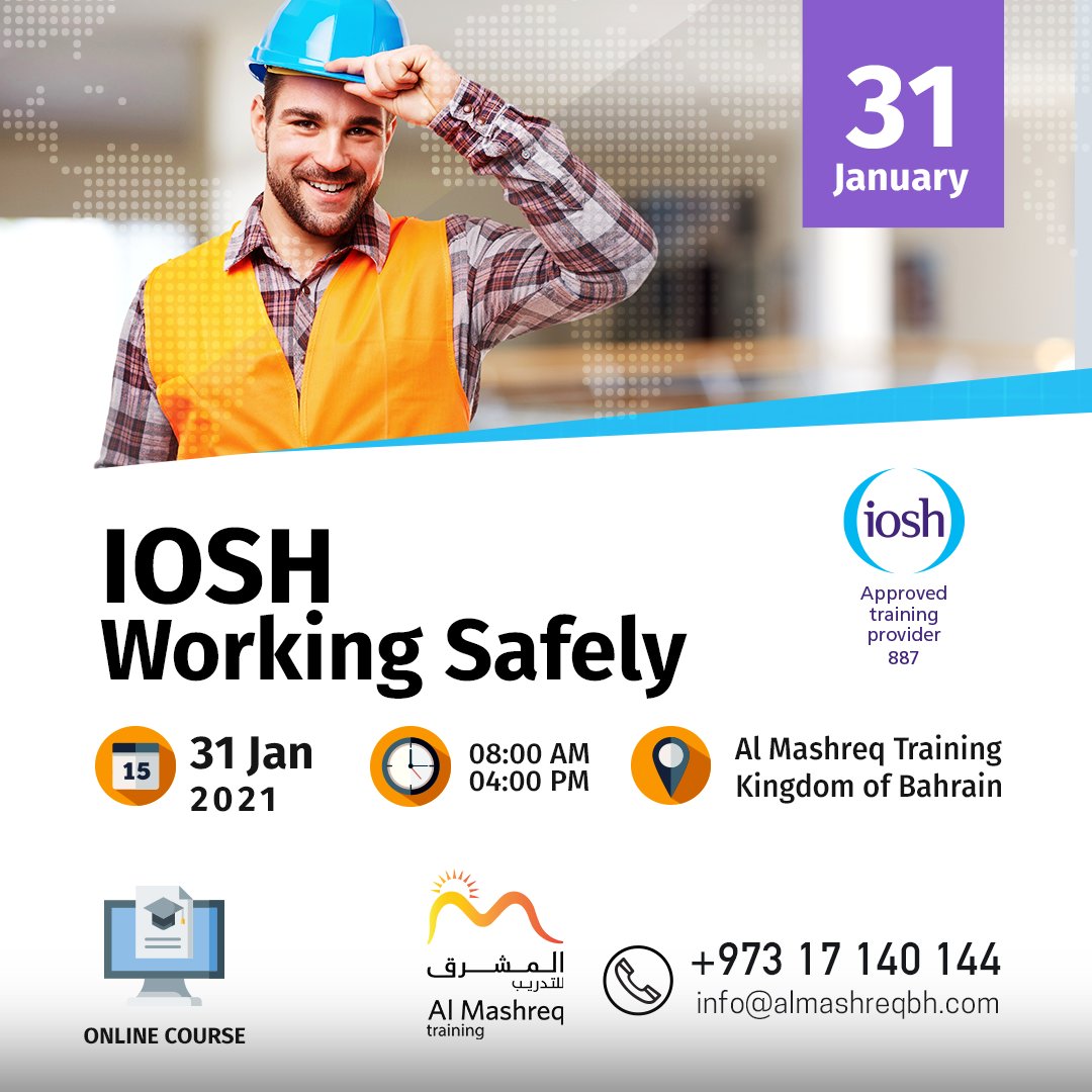 almashreqbh's tweet photo. By undertaking the IOSH Working Safely course, you will learn the foundations for good working practices in the workplace – to ensure yourself and others are kept safe.

Register Now:
+973 36096695
+973 36816889
+973 39339307

#almashreqbh #IOSH #NEBOSH #SAFETY #BAHRAIN https://t.co/sTk82IkqBQ