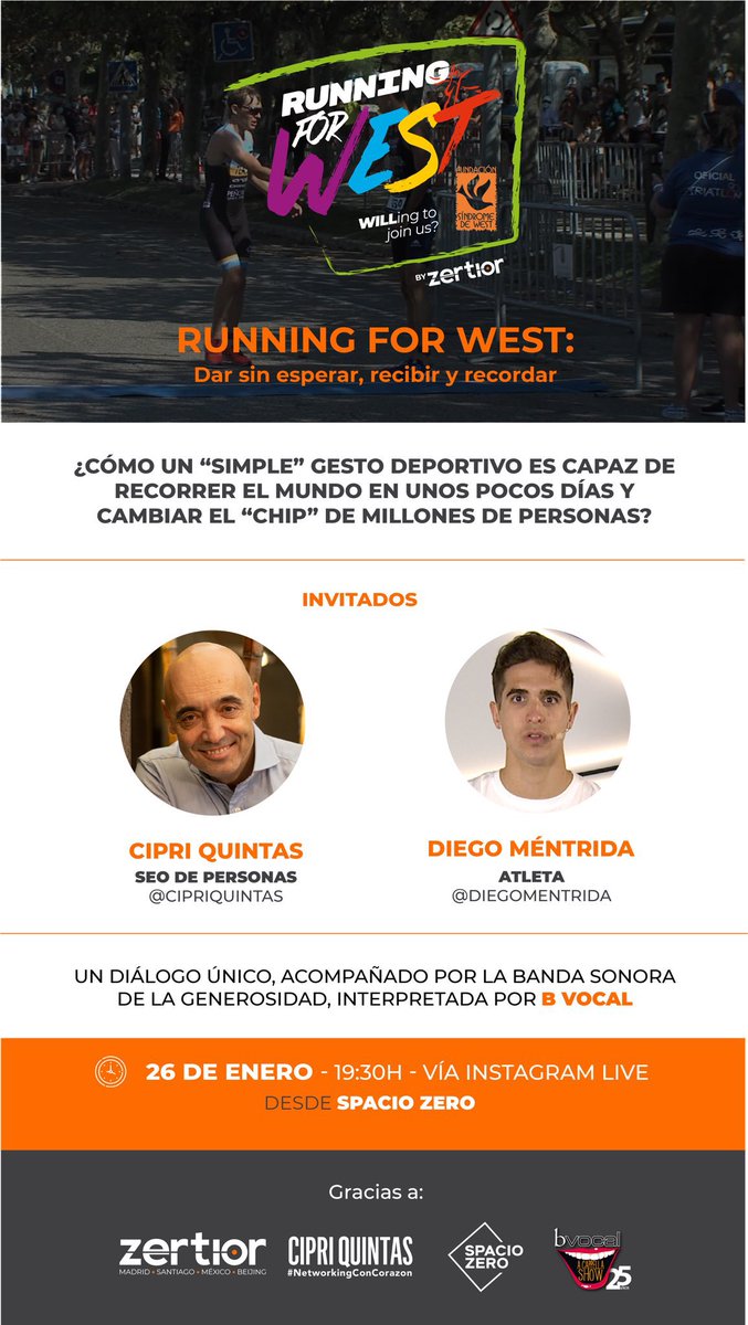 zertior_'s tweet photo. ¡Esta tarde tenéis una cita a las 19:30h con @DiegoMentrida y @cipriquintas en @SpacioZero para charlar sobre #RunningForWest!
LIVE en Youtube e Instagram Live, con la música de los increíbles @b_vocal
@fswest https://t.co/JshupNrIfq