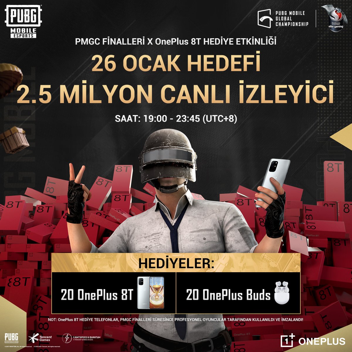 PUBGM_TR's tweet photo. Şampiyonu belirleyecek gün geldi! #PMGC yayınlarında anlık izleyici hedefine ulaşırsak 20 OnePlus 8T ve 20 OnePlus Buds hediye edeceğiz. Katılmak için yayını izlerken sohbete #PMGCXOnePlus yazmayı unutmayın!
📺https://t.co/1Mn1WGtqhs
📺https://t.co/DxjrlMhRPF https://t.co/KwydxUmBne