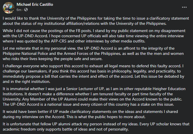 AFPCRS's tweet photo. Statement ni Mr. Eric Castillo, UP Alumnus, at dating part-time senior lecturer ng UP Diliman for 4 years sa isyu ng 1989 DND-UP 'no entry' Accord.
#ProtectOurYouth
#DefendUPfromTerrorists
#AFPyoucanTRUST
https://t.co/Vo1NTh6731 https://t.co/cDVQXCWIDf