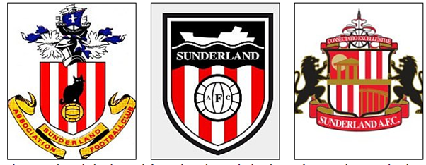 The current logo (after stadium move to Stadium of Light from Roker Park) takes influence from the Penshaw Monument (local landmark), the Wearmouth Bridge, a colliery wheel (reference to mining industry) - and two lions (from the town's coat of arms).