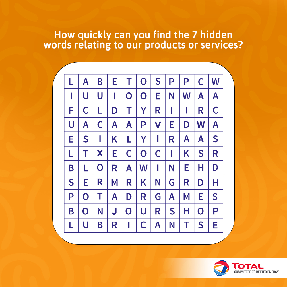 TotalEnergiesGH's tweet photo. Fastest eyes only! How quickly can you find the 7 hidden words relating to our products or services? List them in the comments section!

#TotalTrivia
#TotalGhana https://t.co/6gm5cClJwO