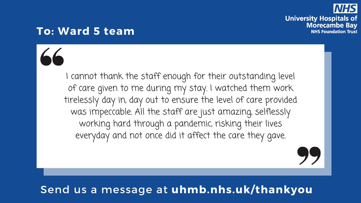 MorecambeBayNHSTrust (@uhmbt) on Twitter photo A lovely message we received for our colleagues on Ward 5 at Furness General Hospital! π₯° <a href="/Ward_5_SEAC_FGH/">Hello My Name Is Ward 5 - Furness General π</a>
Send a message of support or thanks to an individual or team across UHMBT at uhmb.nhs.uk/thankyou A lovely message we received for our colleagues on Ward 5 at Furness General Hospital! π₯° <a href="/Ward_5_SEAC_FGH/">Hello My Name Is Ward 5 - Furness General π</a>
Send a message of support or thanks to an individual or team across UHMBT at uhmb.nhs.uk/thankyou