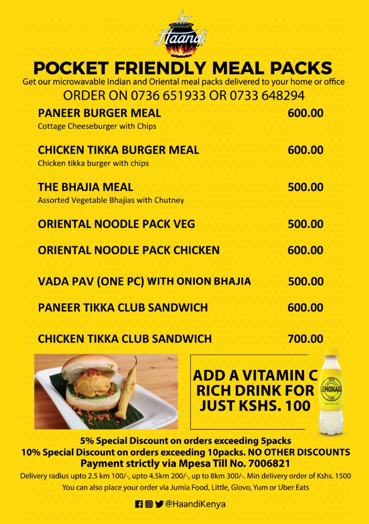 Pocket friendly meal packs are now available for delivery to your home or office. Order on 0736 651933 to #ExperienceHaandi