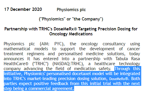 PYC also have been working on a side-gig which hasn't yet been monetised - it's the modelling of personalised medicine dosing for oncology and this has found its way into a trial of $1.3B cap  $TRHC Tabula Rasa's own dosing software.