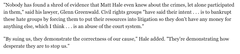 While Greenwald was defending Hale, Hale spent hours in conversation with his main disciple Benjamin Smith, who went on a murder rampage, slaughtering black, Jewish & Asian people. Hale celebrated Smith as a free speech martyr.Greenwald said there was "no evidence" of a link.