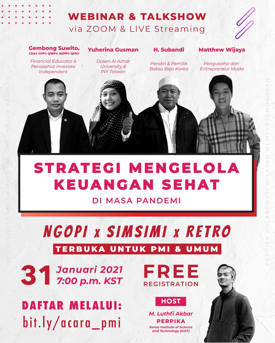 Perpika's tweet image. [WEBINAR &amp;amp; TALKSHOW KEUANGAN]

PERPIKA Kolaborasi Wilayah mempersembahkan NGOPI (Ngobrol bareng PMI) x SIMSIMI (Silaturahmi Sinergi PMI) x RETRO (Region Three Talkshow) dengan topik “Strategi Mengelola Keuangan Sehat - di masa pandemi”.

cek detailnya yuk🤗👇🏻👇🏻