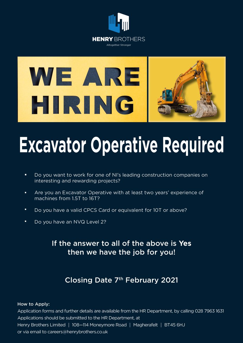 HenryBrothersHB's tweet photo. Do you know of any Excavator Operatives looking for work .... we have an opportunity to join our team at Henry Brothers ... read on (Please Share) #diggerdriver #construcionjob https://t.co/F1NlDo4nd0