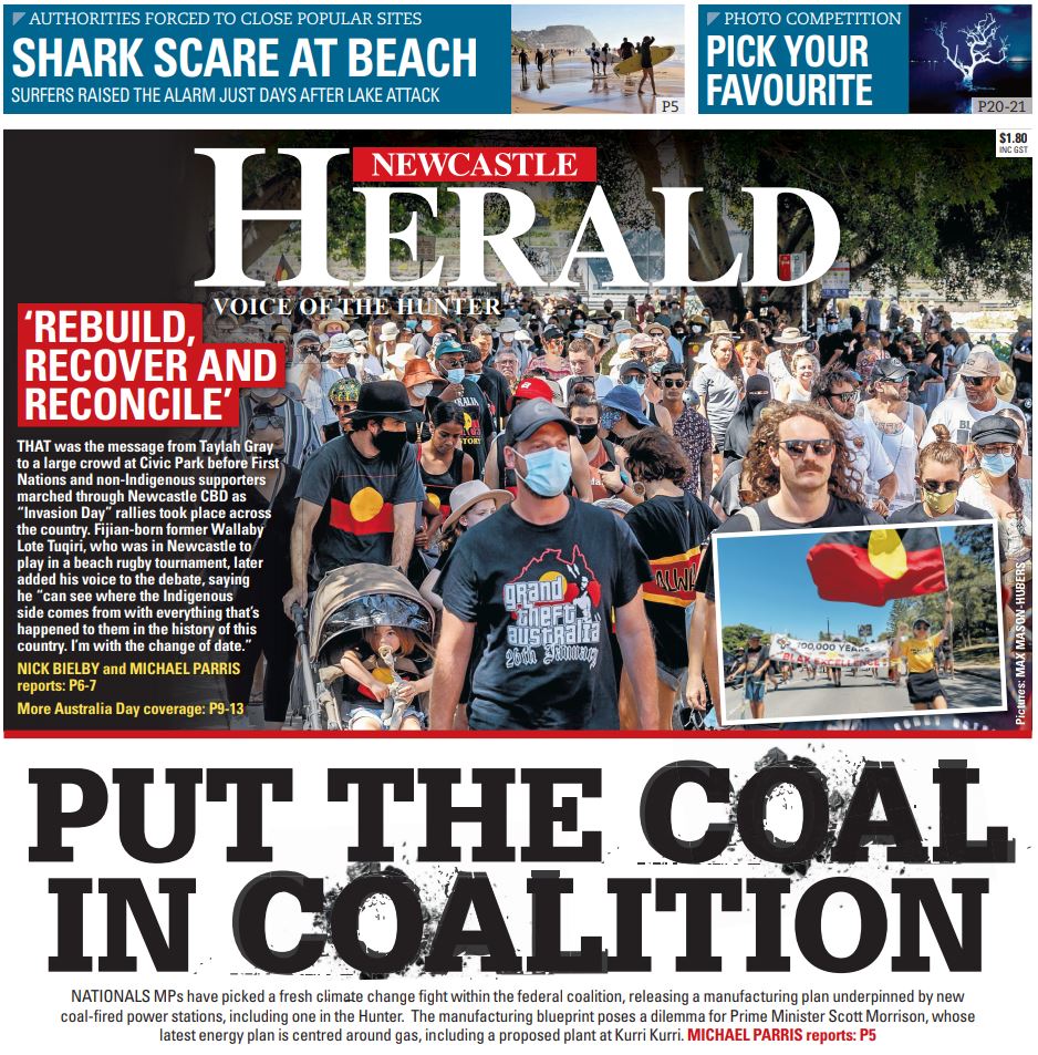 Lots of support to #ChangeTheDate today. Tomorrow's 
<a href="/newcastleherald/">Newcastle Herald</a> P1.

<a href="/nickbielby/">Nick Bielby</a> went along to the #InvasionDay march through the city: newcastleherald.com.au/story/7100752/…

@mhparris spoke to former Wallaby <a href="/LoteTuqiri/">Lote Tuqiri 🇫🇯🇦🇺</a> at the beach rugby: newcastleherald.com.au/story/7101125/…