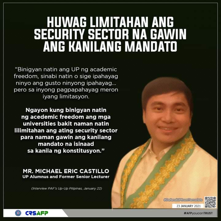 AFPCRS's tweet photo. Statements made by Mr. Eric Castillo, UP Alumnus and Former Senior Lecturer.
#DefendUPfromTerrorists
#ProtectOurYouth
#AFPyoucanTRUST https://t.co/B3huf0dre7