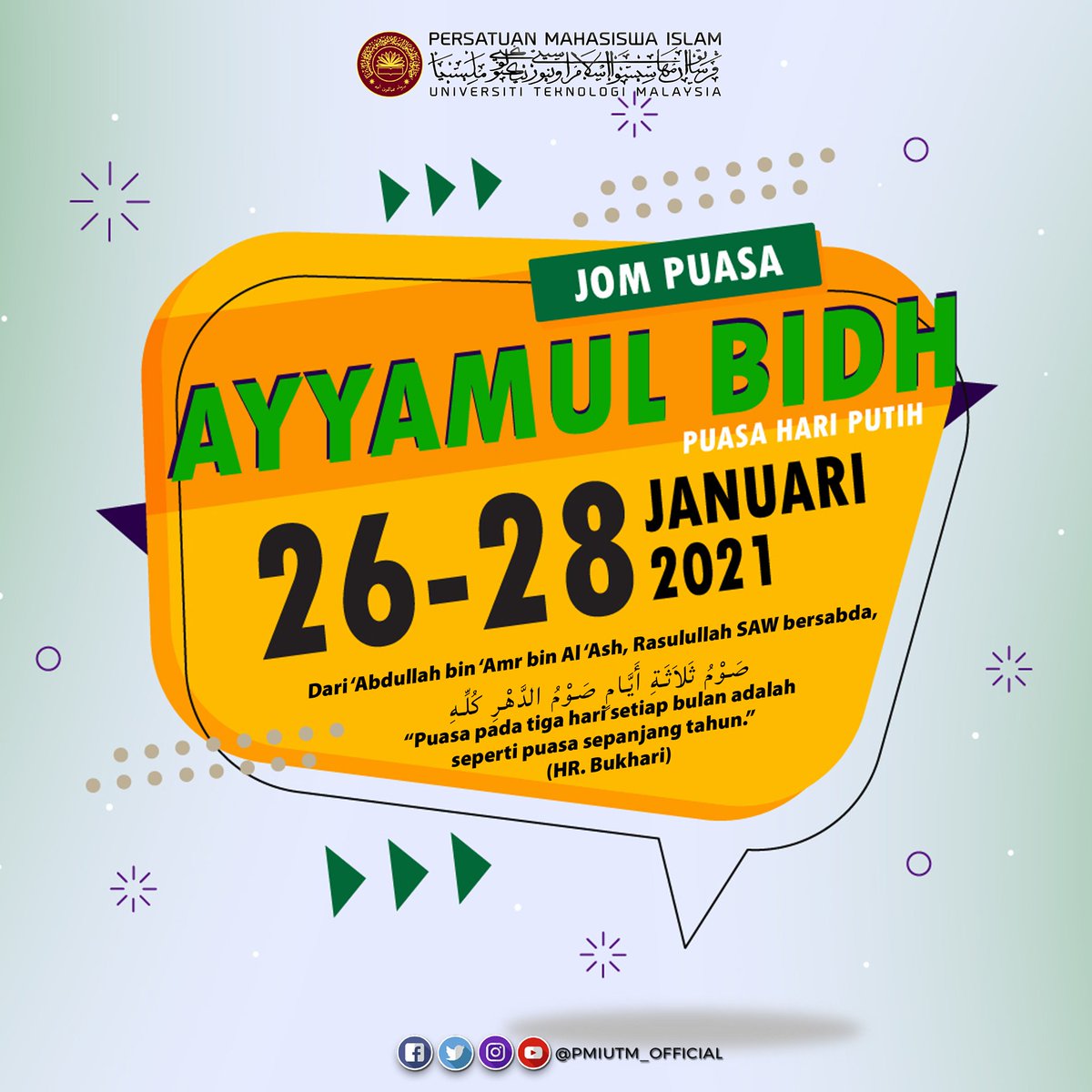 PMIUTM_OFFICIAL's tweet photo. PUASA AYYAMUL BIDH

Kita disunatkan berpuasa sunat Hari Putih dalam sebulan sekurang kurangnya tiga hari dan yang lebih utama adalah melakukan puasa pada "Ayyamul Bidh", iaitu pada hari ke-13, 14, dan 15 kalendar Hijrah. Puasa tersebut disebut "Ayyamul Bidh" (Hari Putih) https://t.co/trNhYNmGbJ