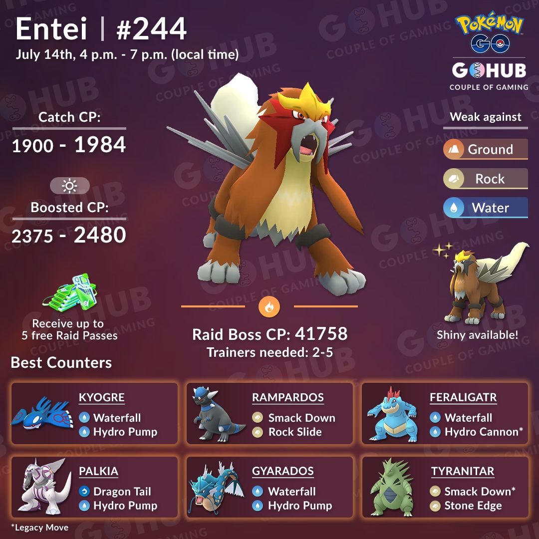 PokeSocial1's tweet photo. Entei is back! Check the raid guide.. #PokemonGO #PokemonGOfriends #PokeSocial #PokemonGoRaids #PoKemonGoFriends #pokemongofriendcode https://t.co/6nVA68CtAt