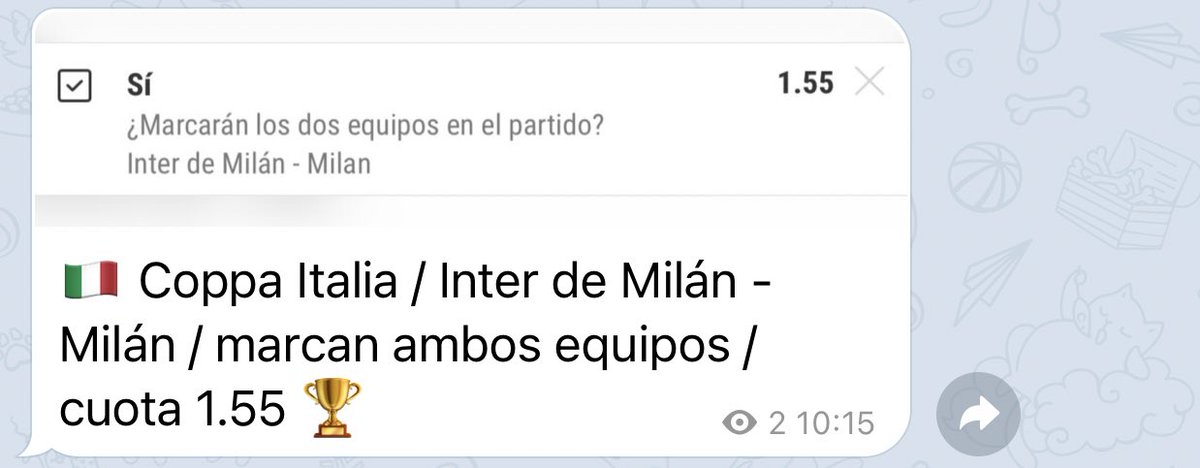 🇮🇹 Coppa Italia / Inter de Milán - Milán / marcan ambos equipos / cuota 1.55 🏆
2 FREE picks más en telegram , únete gratis ⚽️🏀🥇

t.me/tipsgalicia