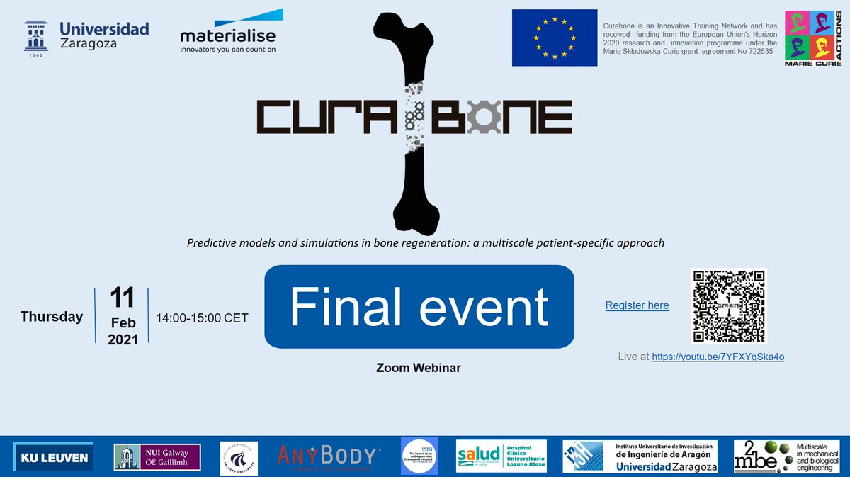 Save the date for the Curabone FINAL EVENT!! 🗓️Feb.11, 14:00h. Our ESRs will share the results of their #research and their experience in a Marie Curie #ITN🇪🇺. Register at
us02web.zoom.us/webinar/regist…
Also streaming youtu.be/7YFXYgSka4o
@MSCActions <a href="/EU_H2020/">Horizon 2020</a> <a href="/M2BE_I3A/">M2BE-I3A</a> <a href="/I3Aunizar/">I3A - UNIZAR</a>