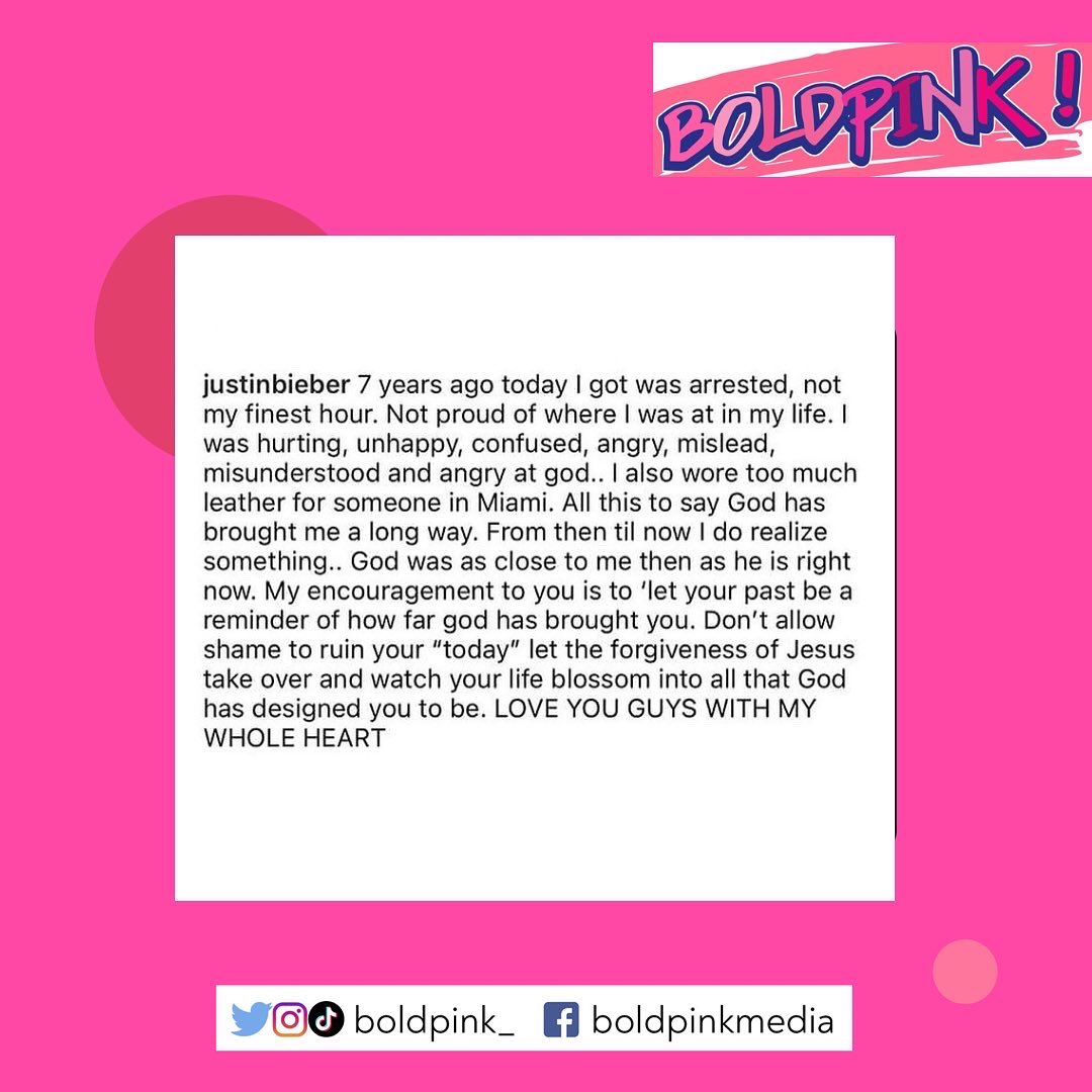 boldpink_'s tweet photo. #bpinspiration
Justin Bieber reflects on his arrest 7 years ago. This is a reminder to never let your past discourage you, and ruin your present.
#tuesdayvibe https://t.co/C26fFuWMd7