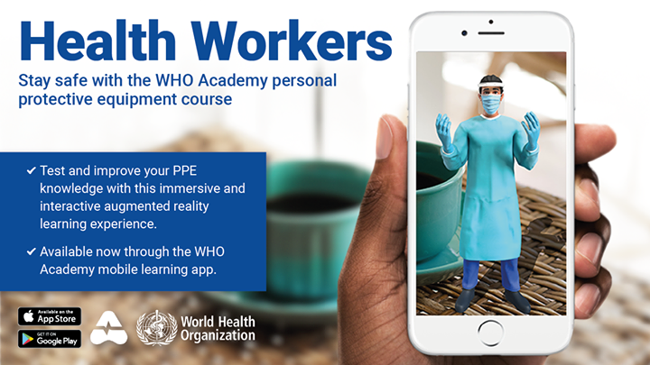 WFUMB's tweet image. If you're a #healthworker, stay safe from #COVID19 -learn or refresh your PPE skills with the free @WHO #AugmentedReality#PPE training. Get the #WHOAcademyapp and take the course today! Stay safe. Stay well.  whoa.page.link/ARPPE