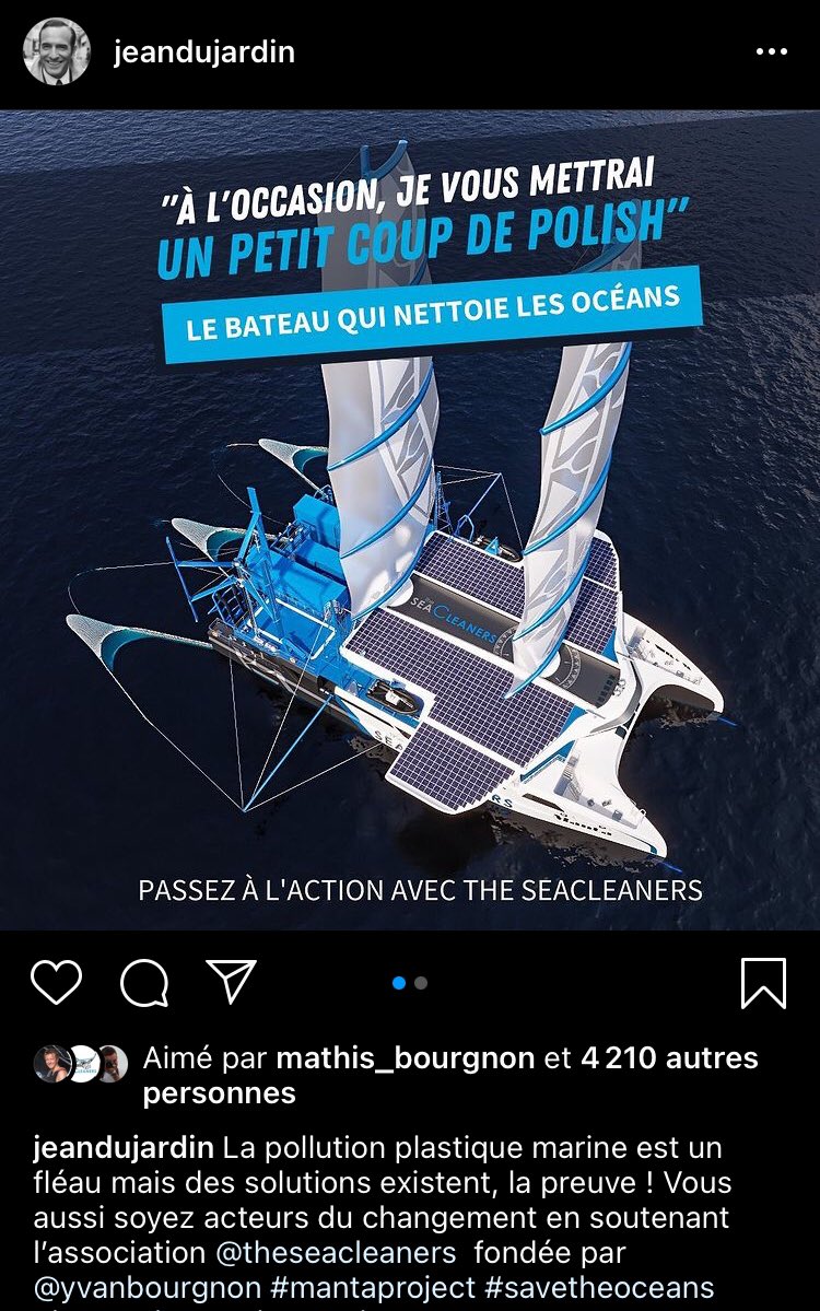 🤩 merci de ton soutien à <a href="/theseacleaners/">The SeaCleaners</a> 🌏 cher Jean Dujardin.

Et pour le petit coup de polish, c’est noté ;)

#MantaProject #PlasticHunter #beatplasticpollution 

instagram.com/p/CKgC2sWgAgT/…