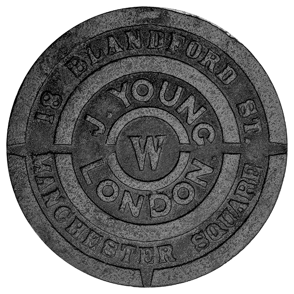 CoversUnderfoot's tweet photo. London, W1 coal plates, day 22: Three by John Young, ironmonger. Marylebone born, he traded from 1844 at 18 Blandford Street and also from 1857 at Davies Street, He then, from 1869, was in partnership with Octavius Buss. https://t.co/JxYA83tLZm