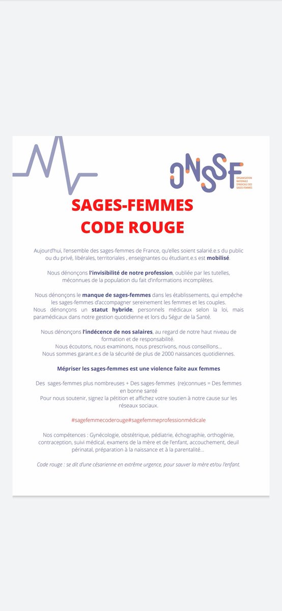 Organisation Nationale Syndicale des Sages-Femmes (@onssf) on Twitter photo ❌ Stop à l'invisibilité !
❌ Stop au mépris !
❌ Stop à l'immobilisme !
🔴 En ce mardi 26 janvier, les sages-femmes et les étudiants en maïeutique sont dans la rue.
#sagesfemmescoderouge
<a href="/olivierveran/">Olivier Véran</a> <a href="/AdrienTaquet/">Adrien Taquet</a> <a href="/AdeMontchalin/">Amélie de Montchalin</a> @JulienneKatia <a href="/VidalFrederique/">Frédérique Vidal</a> @ameli_actu ❌ Stop à l'invisibilité !
❌ Stop au mépris !
❌ Stop à l'immobilisme !
🔴 En ce mardi 26 janvier, les sages-femmes et les étudiants en maïeutique sont dans la rue.
#sagesfemmescoderouge
<a href="/olivierveran/">Olivier Véran</a> <a href="/AdrienTaquet/">Adrien Taquet</a> <a href="/AdeMontchalin/">Amélie de Montchalin</a> @JulienneKatia <a href="/VidalFrederique/">Frédérique Vidal</a> @ameli_actu