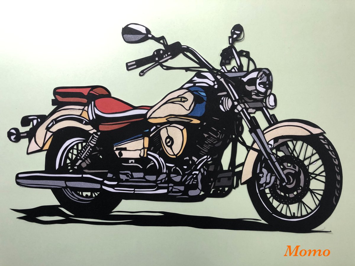 黒猫モモ 新作切り絵 ヤマハ ドラッグスター完成しました 色いれるとまたかっこいい 昔乗ってた大好きなバイク