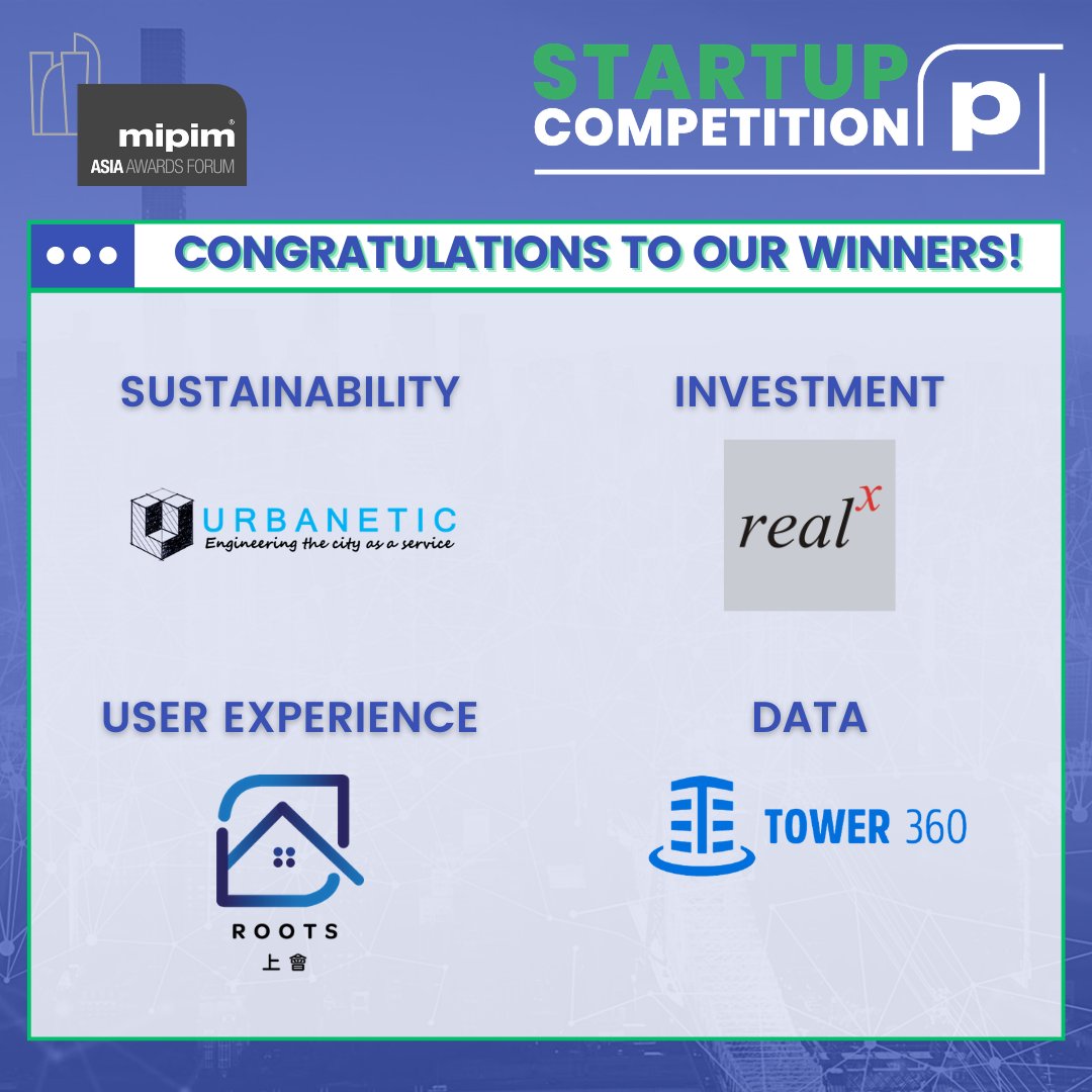 mipimny's tweet photo. Congratulations to winners @Tower360, @realx, @UrbaneticFabric and Roots, at the #PropelbyMIPIM Startup Competition, w/ global partner @unioninvestment &amp; #innovation partner @MetaProp!

More info: https://t.co/eR8YinlZXD

#MIPIMAsia https://t.co/Yse1IfiGnH