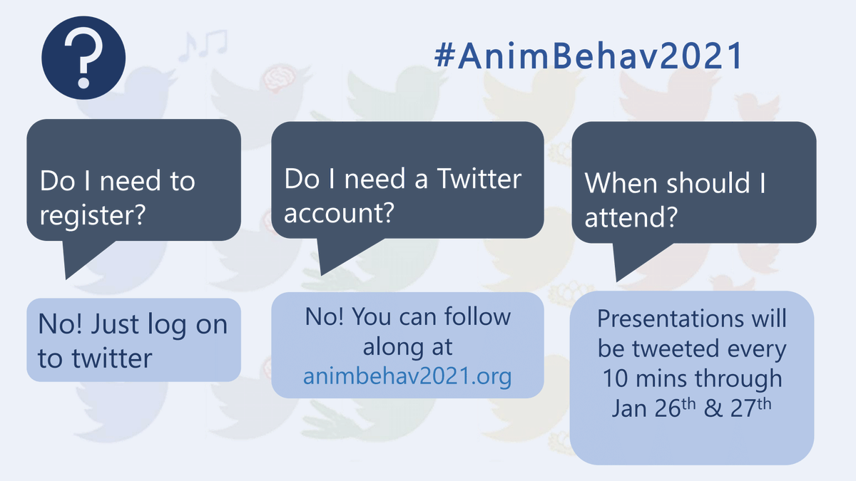 As a Twitter conference, there's no registration - the conference is completely public through Twitter & our website:  https://www.animbehav2021.org/twitter-feed&nbsp;We encourage folks to engage with the presentations as they happen, but you can also catch up easily with ones that you've missed! [2/4]