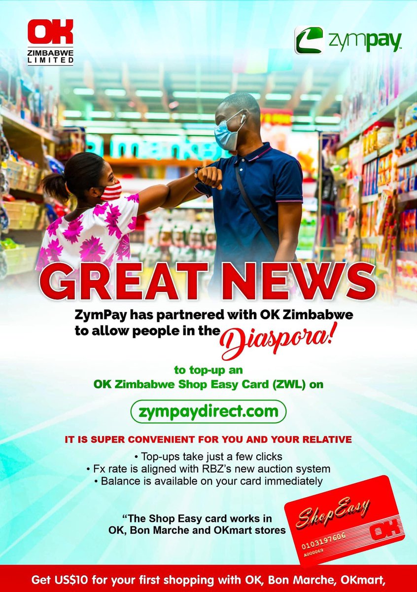 Zympay's tweet photo. Shop Easy Card! 

Buying groceries in Zimbabwe just got easier &amp; more convenient. You can buy groceries from OK Supermarkets for relatives &amp; friends in Zimbabwe on https://t.co/9NxMSQqi9l

Top-up their Shop Easy Card from the diaspora. Its simple, quick &amp; safe
#zymit #BetterWay https://t.co/vNLkChSSvU