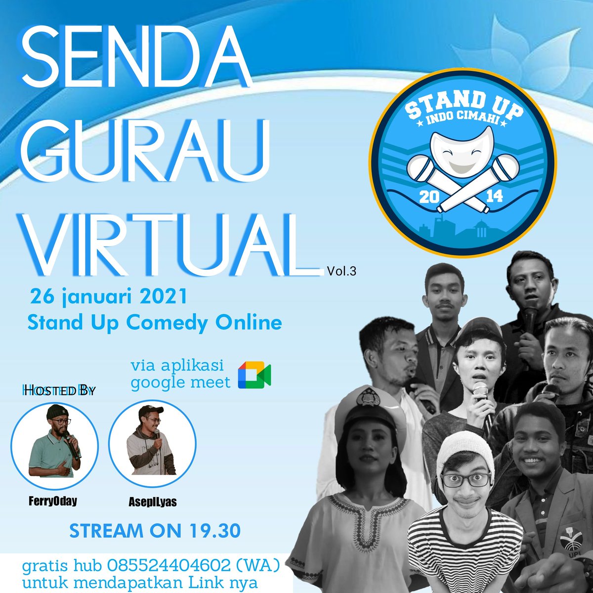 Yang malam ini gabut, ayo join nonton Stand Up Comedy Virtual. Bertakjub SENDA GURAU. Akan ada 8 penampil 1 di antara nya cewe. Mau gabung silahkan klik link
Untuk bergabung ke Senda Gurau di Google Meet, klik link ini: 
meet.google.com/nth-bxzc-ink 

#cimahi #komedi