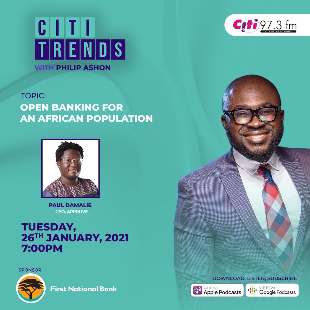 AppruveHQ's tweet photo. Today, from 7pm GMT, Our CEO, (@PaulDamalie) will be on Citi 97.3 FM (@citi973fm) with Philip Kofi Ashon (@kofiashon) to discuss open banking in Africa ,it’s relevance and how it will deepen financial inclusion.
cc: @FDXOrg
#appruve #openbanking #financialinclusion #OpenAPIs https://t.co/9FwOJNtQYb