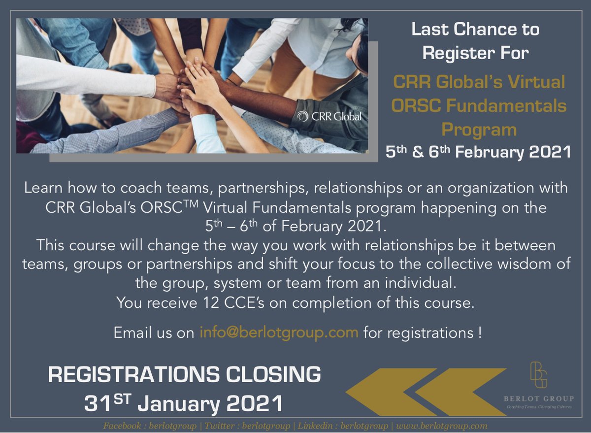 Last chance to register for our upcoming Virtual ORSC Fundamentals Course happening on 5-6 of Feb !The Virtual ORSC Fundamentals Course is packed with tools&amp;  methodologies to coach teams, partnerships &amp; organisations in challenging times like now! Registrations close on 31st Jan