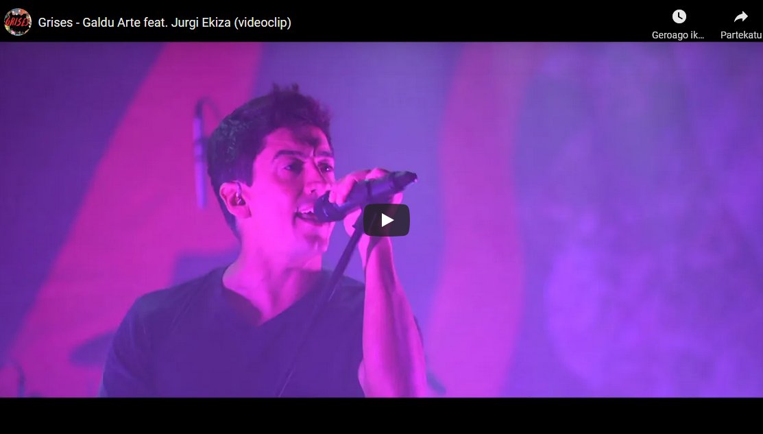 Grises - "Galdu arte"- <a href="/grisesoficial/">Grises</a>  taldeak bideoklip berria argitaratu du: Galdu arte. Amancay Gaztañaga bera da errealizadorea eta taldeak joan den urrian emandako Azpeitiako kontzertuko irudiak agertzen dira.
gaztezulo.eus/bideoak/grises…