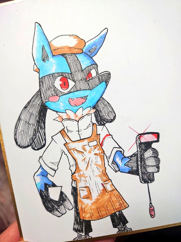 ポケモン ポケモン好きの同僚が辞めるので 色紙に描いたルカリオ この制服に見覚えある人 高菜りぶのイラスト