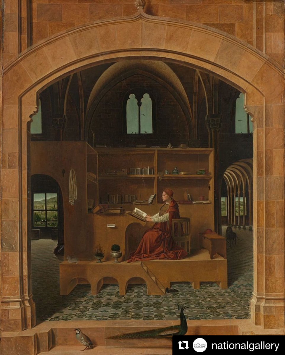 Via @NationalGallery ‘Jerome is in his study at the heart of a lofty, cathedral-like space, its imposing high vaults reflecting the saint’s exalted spirituality and intellect.’ Detail from Antonello da Messina, 'Saint Jerome in his Study', about 1475 © The National Gallery