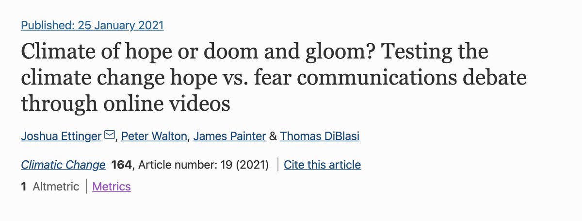 After a ton of revision and even more coffee, I'm very happy to publish my  @ecioxford MSc research on the climate change communication 'hope vs. fear debate' in Climatic Change  https://rdcu.be/cecYi&nbsp; (open access link) (1/5)