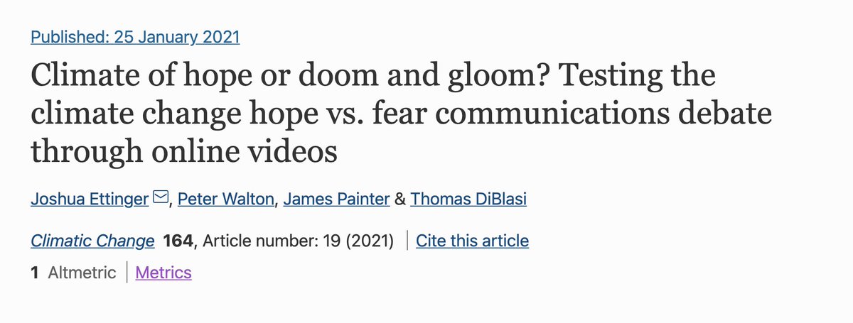 After a ton of revision and even more coffee, I'm very happy to publish my  @ecioxford MSc research on the climate change communication 'hope vs. fear debate' in Climatic Change  https://rdcu.be/cecYi  (open access link) (1/5)