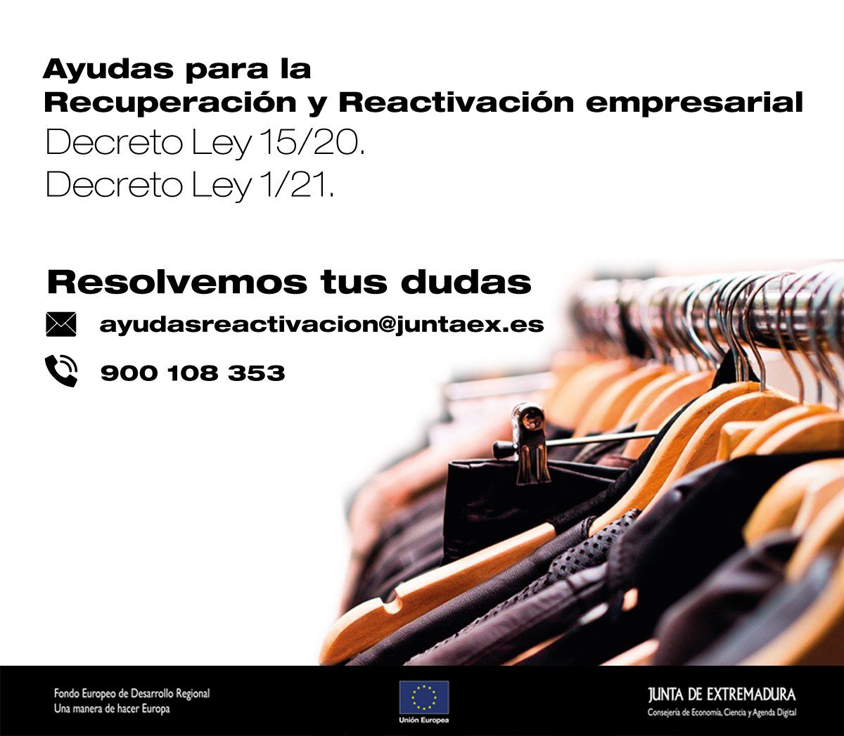 Economía, Empleo y Transformación Digital (@econoempleoext) on Twitter photo 📢La <a href="/Junta_Ex/">Junta de Extremadura</a> habilita un sistema de información de las #ayudas para la #reactivaciónempresarial.
➡️ Resolver dudas acerca de los decretos 15/2020 y 1/2021.
☎️900 108 353
✉️ayudasreactivacion@juntaex.es
↪️extremaduraempresarial.juntaex.es
🗒juntaex.es/comunicacion/n… 📢La <a href="/Junta_Ex/">Junta de Extremadura</a> habilita un sistema de información de las #ayudas para la #reactivaciónempresarial.
➡️ Resolver dudas acerca de los decretos 15/2020 y 1/2021.
☎️900 108 353
✉️ayudasreactivacion@juntaex.es
↪️extremaduraempresarial.juntaex.es
🗒juntaex.es/comunicacion/n…