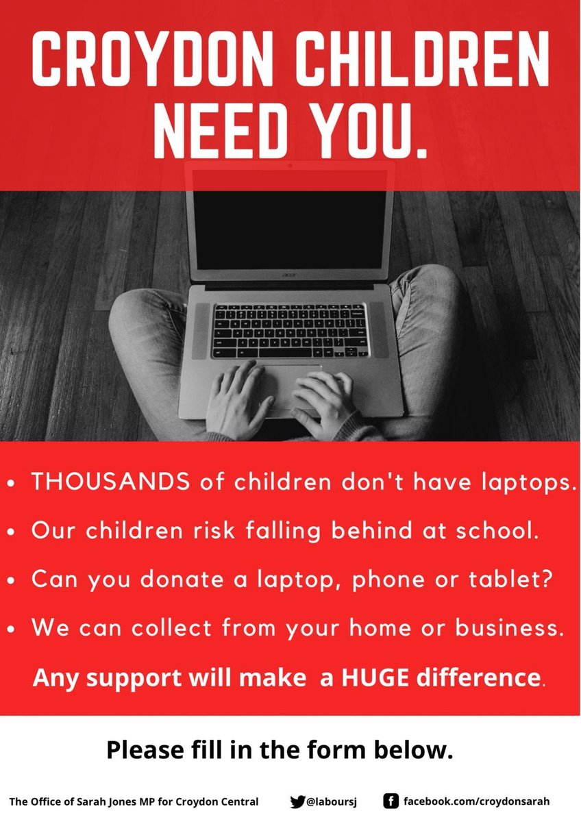 Amazing people from across #Croydon have donated laptops and devices to help children learn from home. There are many more children who need them so please donate if you can. We can collect them from your home or business and will erase all content. Let's end the #digitaldivide
