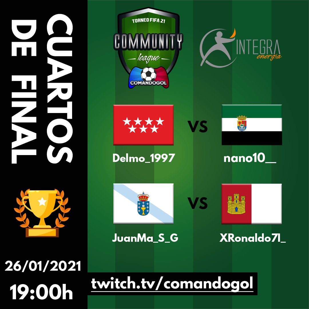 comandoGOL's tweet photo. FASE FINAL #CommunityLeague #FIFA21

¡Última ronda de cuartos hoy a las 19:00h en https://t.co/Sj1BTt2cVU!

Carrusel con las eliminatorias:

@diegodelmoral1 (MAD) 🆚 @nano10__ (EXT)
@_JuanMa_S_G (GAL) 🆚 @XRonaldo7l (CLM)

¿Saldrá de aquí el ganador? ¡Apoya tu CCAA en el stream! https://t.co/3FS6ylPh0y