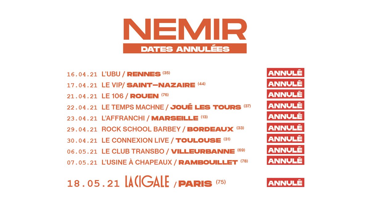 ❌ ANNULATION ❌
Compte tenu du contexte actuel et étant face à de nombreuses incertitudes, nous sommes contraints d’annuler la tournée 2021 de <a href="/NEMIRNEMS/">Craig Nemir</a>. La date initialement prévue en 2020 puis reportée le 30/04/2021 à <a href="/ConnexionLive/">Connexion Live</a> est donc annulée.