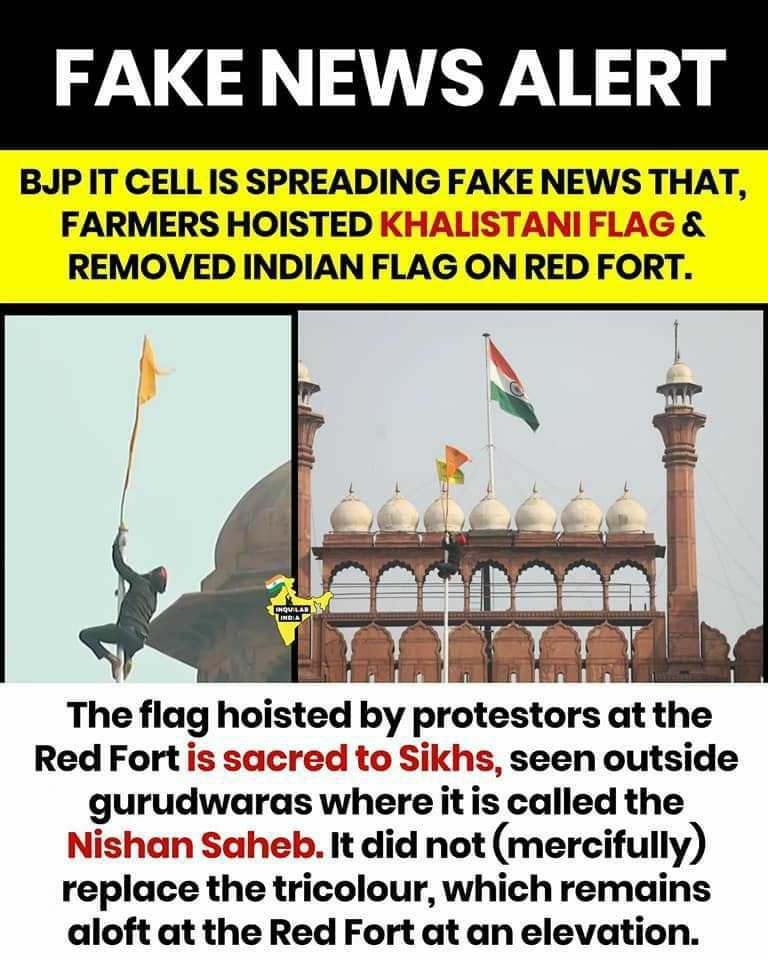 Tractor2twitr's tweet photo. The flag hoisted by protesters at Red Fort is "Nishan Saheb" - a symbol of Sikh faith and NOT khalistani flag. 

Since when did symbols of other religions in India become unacceptable?

#GodiMediaStopMisleading https://t.co/2MBx4RCa4G