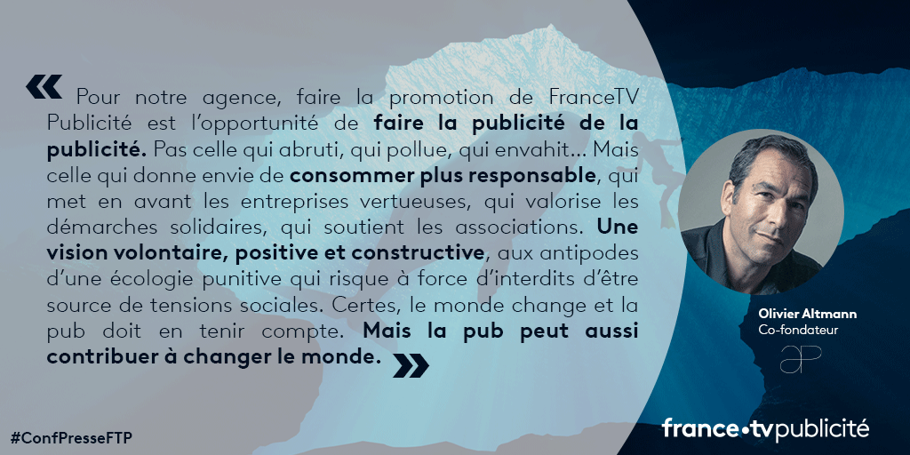 francetvpub's tweet photo. 🟢 « Certes, le monde change et la pub doit en tenir compte. Mais la pub peut aussi contribuer à changer le monde. »

💬 @OlivierAltmann, 
Co-fondateur de @altmannpacreau 

#ConfPresseFTP https://t.co/GN1m6hxV9X